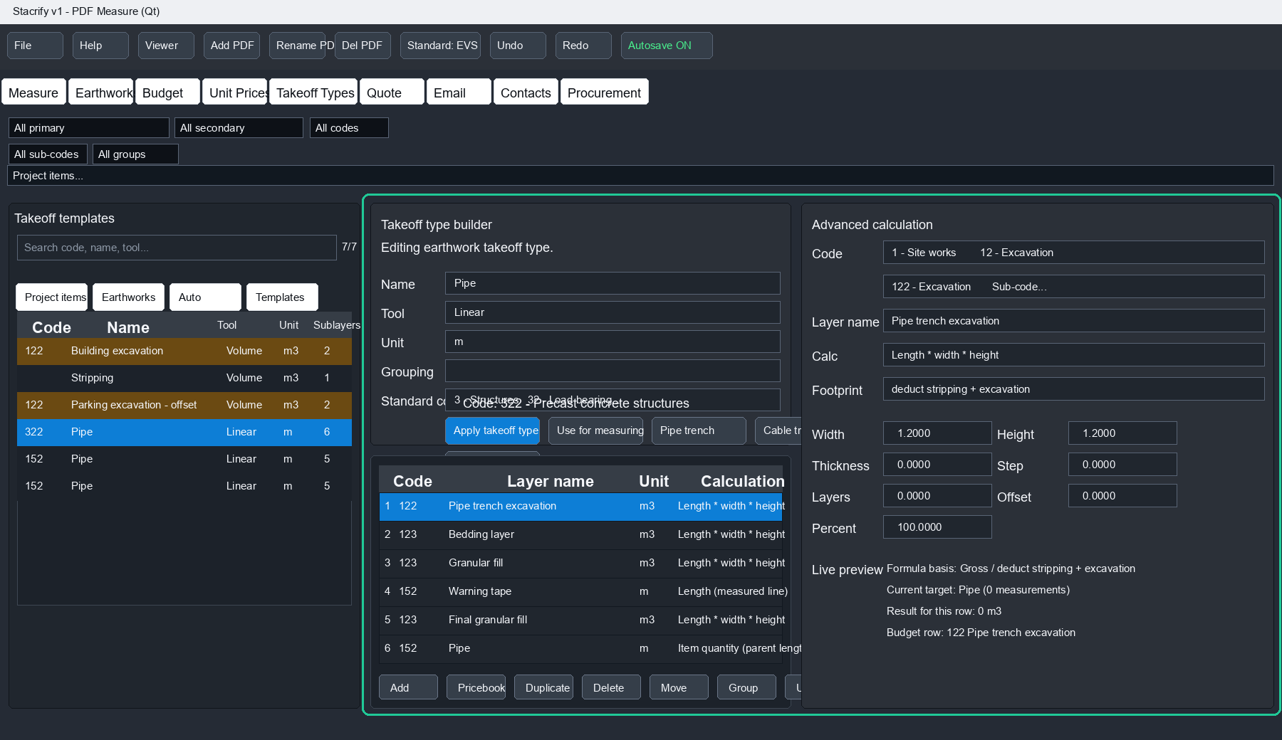 STACRIFY desktop view showing takeoff type templates, sublayers and advanced calculation settings